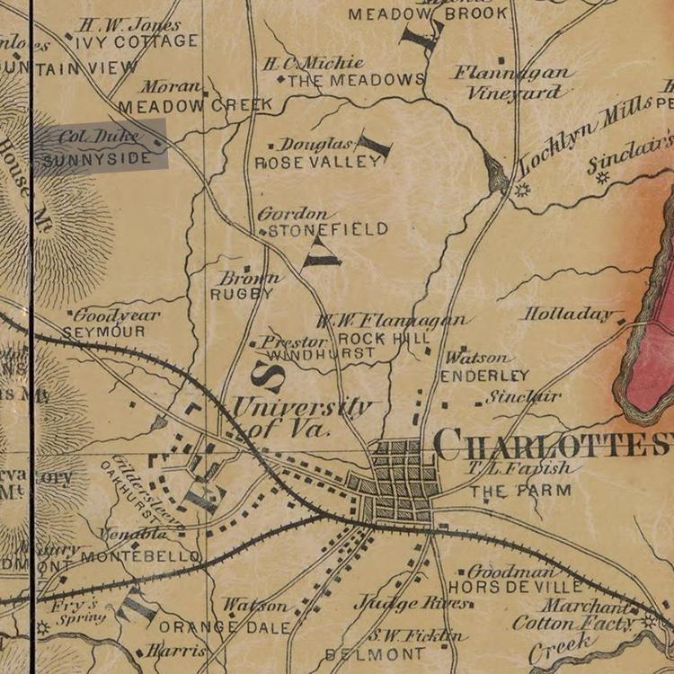 Map of Albemarle County showing Duke Estate "Sunnyside" near Charlottesville