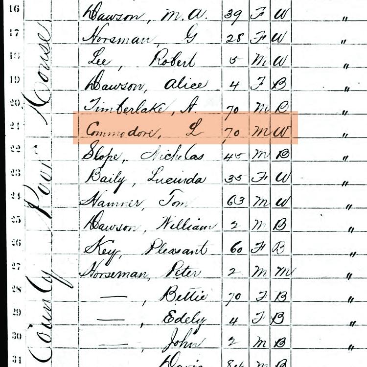 1870 Census listing the name of Lewis Commodore